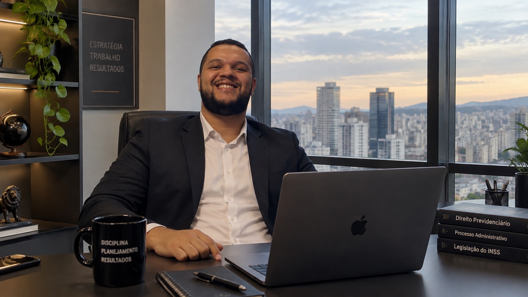 Diego sorrindo em seu escritório, com livros de Direito Previdenciário e Legislação do INSS sobre a mesa